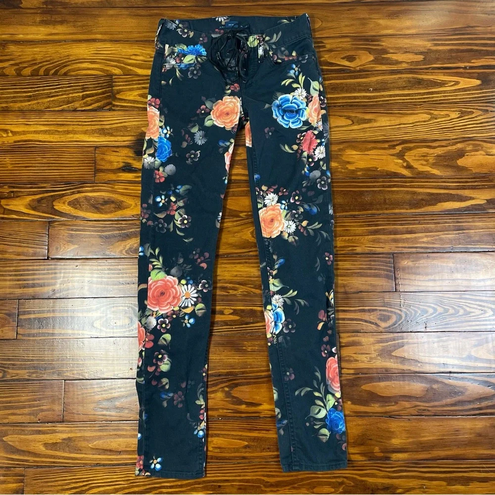 Ralph Lauren Low Cut Floral Jeans with Leather Criss Cross Tie Up sz 26 - Picture 1 of 9
